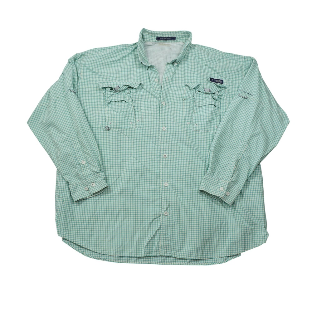 Columbia PFG Super Bahama Fishing Shirt Mens Green Gingham L/S‎ Omni-Shade